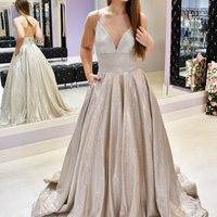 Ball Gown V Neck Backless Spaghetti Straps Champagne Sparkly Satin Long Prom Dresses,Formal Evening Party Dresses - Thumbnail 1