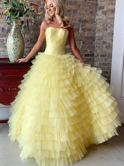 Beautiful Ball Gown Sweetheart Open Back Yellow Tulle Long Prom Dresses,Girls Junior Graduation Gown,Quinceanera Dresses