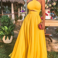 Fairy A-Line Halter Open Back Yellow Chiffon Long Prom Dresses,Evening Party Dresses - Thumbnail 1