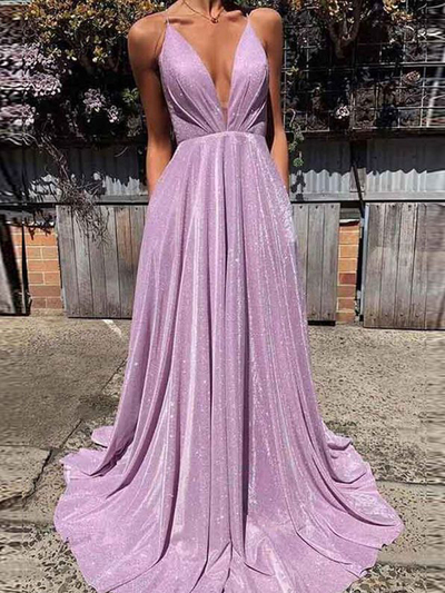 Gorgeous A-Line V Neck Cross Back Lavender Sequins Long Prom Dresses with Pockets,Evening Party Dresses