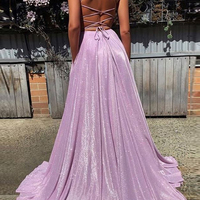 Gorgeous A-Line V Neck Cross Back Lavender Sequins Long Prom Dresses with Pockets,Evening Party Dresses - Thumbnail 1