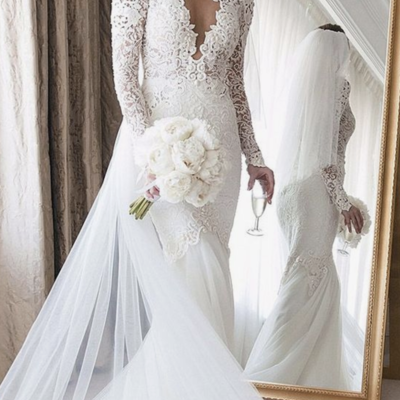  long sleeves wedding dresses,lace bridal dresses,mermaid tulle wedding gowns,375  - Thumbnail 5