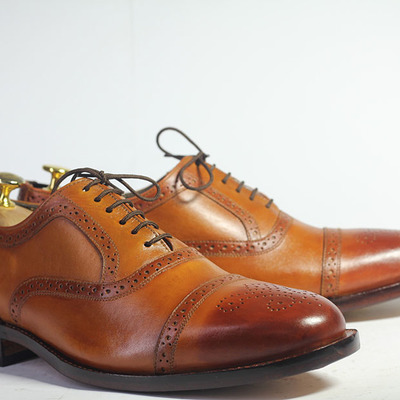 Handmade tan cap toe brogue leather lace up shoes for men's - Thumbnail 4