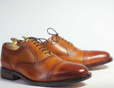 Handmade Tan Cap Toe Brogue Leather Lace Up Shoes For Men's
