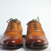 Handmade Tan Cap Toe Brogue Leather Lace Up Shoes For Men's - Thumbnail 2