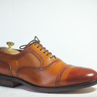 Handmade Tan Cap Toe Brogue Leather Lace Up Shoes For Men's - Thumbnail 1