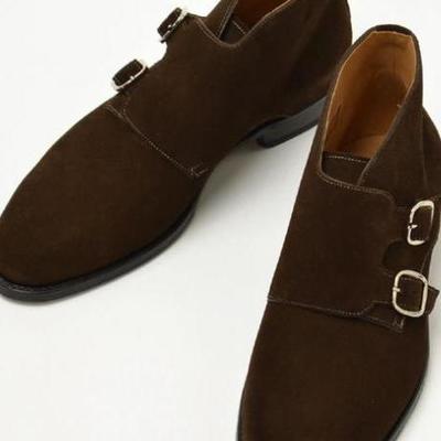Handmade brown double monk suede shoes for men's - Thumbnail 2