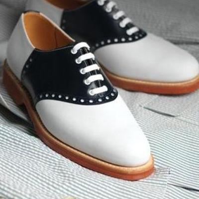 Handmade white & black leather derby lace up shoes for men's - Thumbnail 2