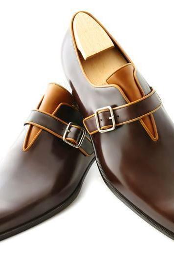 Handmade Brown Monk Straps Leather Shoes For Men's