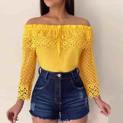 Sexy lace word-shoulder chiffon shirt