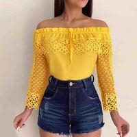 Sexy Lace Word-Shoulder Chiffon Shirt - Thumbnail 1