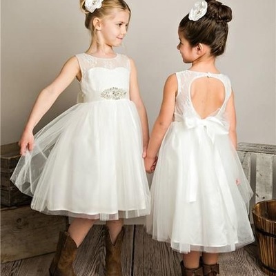 Round open back tea length flower girl dresses with rhinestones - Thumbnail 4
