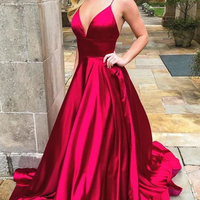 Simple Ball Gown V Neck Backless Spaghetti Strap Black Satin Long Prom Dresses,Formal Evening Party Dresses - Thumbnail 1