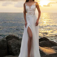 Split A Line Round Neck Chiffon Lace Long Wedding Dresses - Thumbnail 1