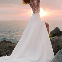 Split A Line Round Neck Chiffon Lace Long Wedding Dresses - Thumbnail 2