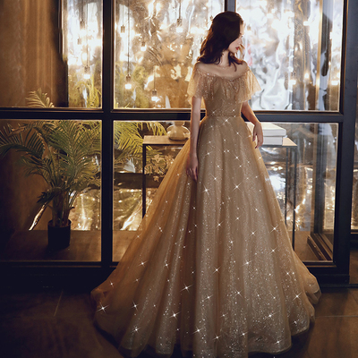 Gold sequins tulle long prom dress - Thumbnail 5