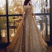 Gold sequins tulle long prom dress - Thumbnail 3