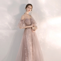 Light pink tulle long prom gown - Thumbnail 2