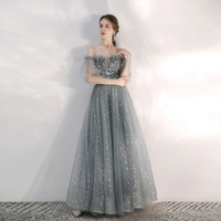 Gray tulle sequins long prom gown - Thumbnail 1