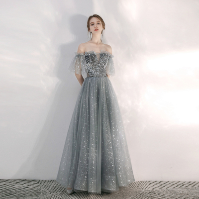 Gray tulle sequins long prom gown - Thumbnail 4