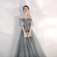 Gray tulle sequins long prom gown - Thumbnail 3