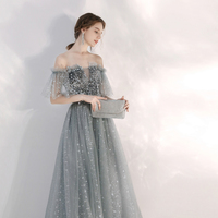 Gray tulle sequins long prom gown - Thumbnail 2