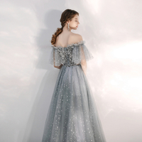 Gray tulle sequins long prom gown - Thumbnail 4