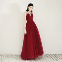 Burgundy tulle long prom dress - Thumbnail 2