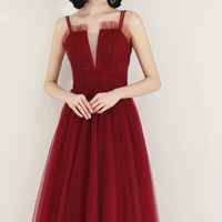 Burgundy tulle long prom dress - Thumbnail 4