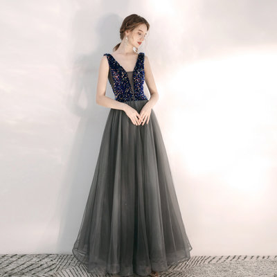 Gray v neck sequins long prom gown - Thumbnail 4