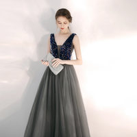 Gray v neck sequins long prom gown - Thumbnail 1