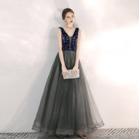 Gray v neck sequins long prom gown - Thumbnail 3