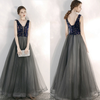 Gray v neck sequins long prom gown - Thumbnail 4