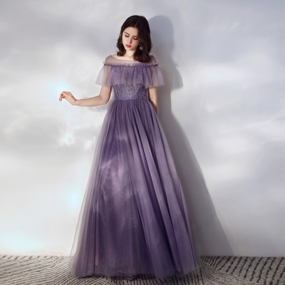 Purple tulle long a line prom dress - Thumbnail 5