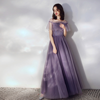 Purple tulle long a line prom dress - Thumbnail 1