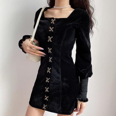 Retro Embroidery Black Velvet Dress