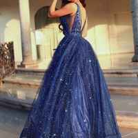 Gorgeous A-Line V Neck Open Back Navy Blue Beaded Long Prom Dresses,Sparkly Evening Party Dresses,Ball Gown Formal Dresses - Thumbnail 1