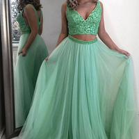 Gorgeous Two Piece V Neck Mint Tulle Long Prom Dresses with Beading,Evening Party Dresses - Thumbnail 1