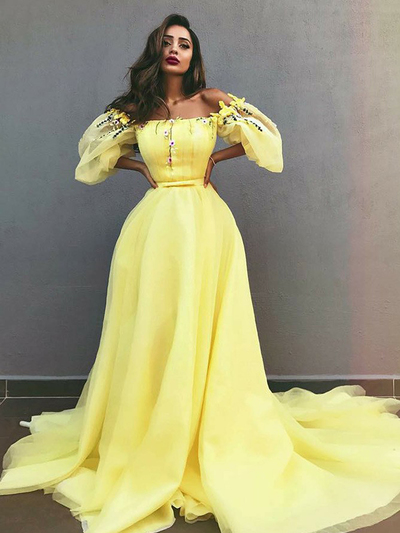 Romantic A-Line Off the Shoulder Yellow Tulle Long Prom Dresses with Appliques,Pageant Dresses ,Formal Party Dresses