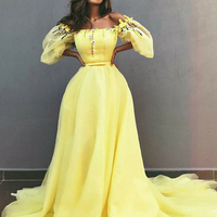 Romantic A-Line Off the Shoulder Yellow Tulle Long Prom Dresses with Appliques,Pageant Dresses ,Formal Party Dresses - Thumbnail 1