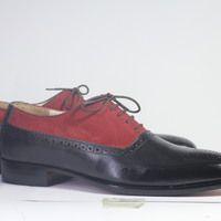 Handmade Black & Burgundy Leather Suede Lace Up Shoes For Men's - Thumbnail 2