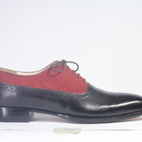 Handmade Black & Burgundy Leather Suede Lace Up Shoes For Men's - Thumbnail 1