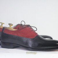 Handmade Black & Burgundy Leather Suede Lace Up Shoes For Men's - Thumbnail 3
