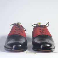 Handmade Black & Burgundy Leather Suede Lace Up Shoes For Men's - Thumbnail 4