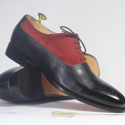 Handmade black & burgundy leather suede lace up shoes for men's - Thumbnail 5