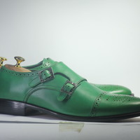 Handmade Green Cap Toe Brogue Leather Double Monk Shoes For Men's - Thumbnail 1