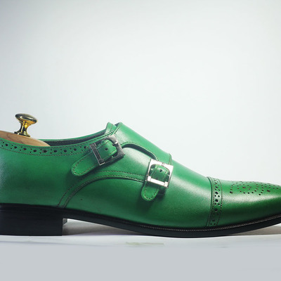 Handmade green cap toe brogue leather double monk shoes for men's - Thumbnail 2