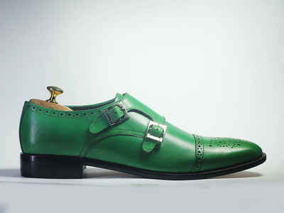 Handmade Green Cap Toe Brogue Leather Double Monk Shoes For Men's