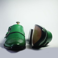 Handmade Green Cap Toe Brogue Leather Double Monk Shoes For Men's - Thumbnail 2