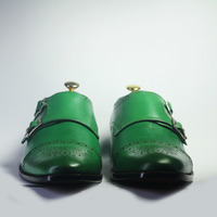 Handmade Green Cap Toe Brogue Leather Double Monk Shoes For Men's - Thumbnail 3